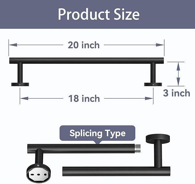 Matte Black Towel Bar 18 Inch, Thicken Bathroom Towel Rack, Towel Holder Wall Mounted, SUS304 Stainless Steel Towel Rod, Modern Home Decor