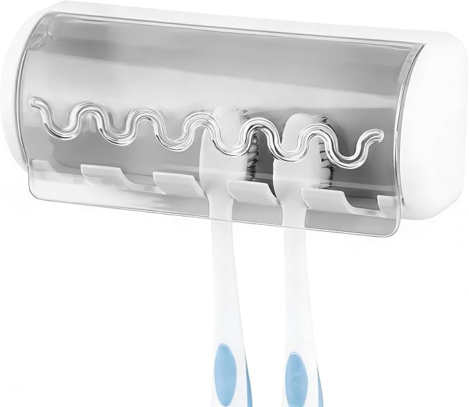 1 PCS Self Adhesive Toothbrush Holder with Cover for Bathroom, 5-Slot Wall Mounted Toothbrush Organizer Rack for Shower, Dorm, Cabinet (Grey)