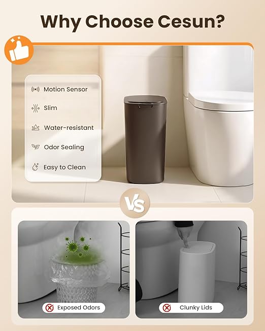Cesun Bathroom Trash Can with Lid, 5 Gallon Motion Sensor Trash Can, Small Automatic Garbage Can, Touchless Smart Plastic Slim Wastebasket for Bedroom, Office, rv, Living Room, Brown
