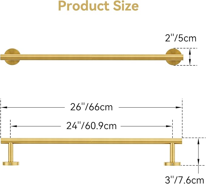 Brushed Gold Towel Bar, 24 Inch Towel Rack for Bathroom Wall-Mounted, SUS304 Stainless Steel, Total Length 26 Inch