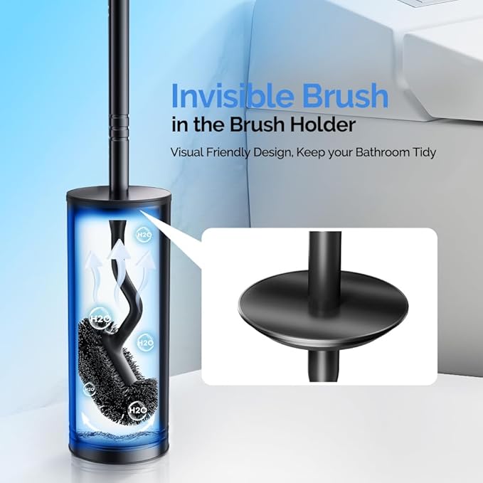 HAMITOR Toilet Brush and Holder Set: Stainless Steel Heavy Duty Bowl Cleaner Brush - Deep Cleaning Under Rim Curved Bristle - Space Saving Wall-Mounted for Home RV Bathroom Accessories Black 1 Pack