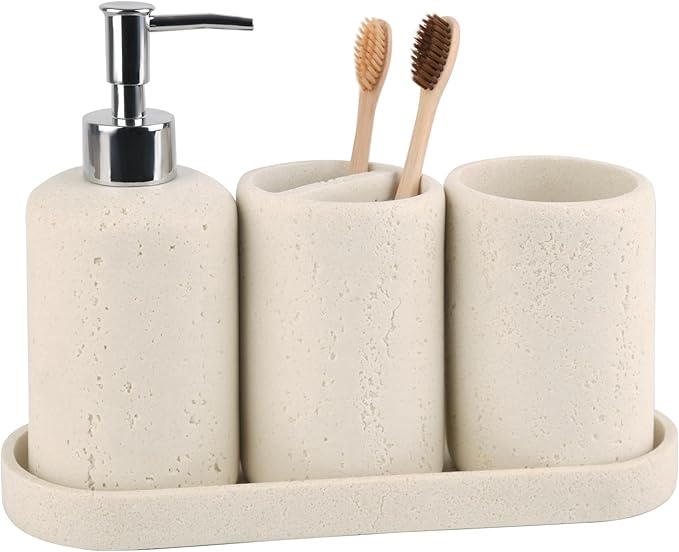 Bathroom Accessories Set,4 Piece Travertine Stone Look Bathroom Accessory Set with Soap Dispenser,Toothbrush Holder,Vanity Tray,Tumbler,Bathroom Organizer for Modern Bathrooms（Light Cream）