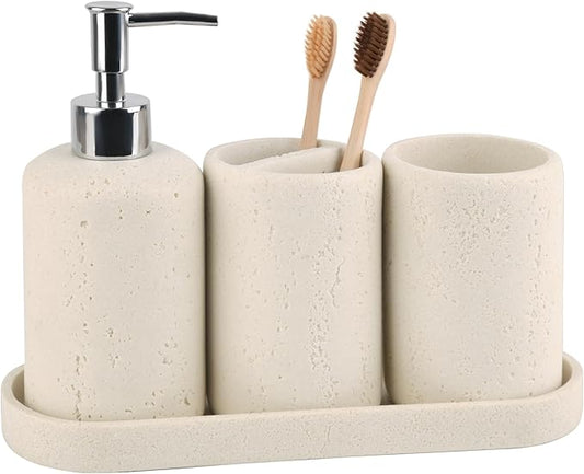 Bathroom Accessories Set,4 Piece Travertine Stone Look Bathroom Accessory Set with Soap Dispenser,Toothbrush Holder,Vanity Tray,Tumbler,Bathroom Organizer for Modern Bathrooms（Light Cream）