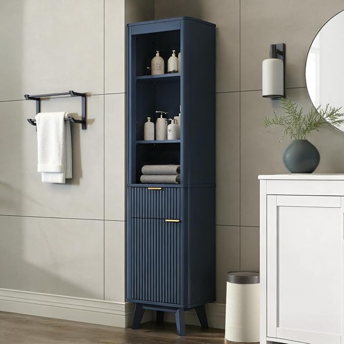 XIAO WEI 68" Tall Bathroom Storage Cabinet, Narrow Bathroom Storage Cabinets with 3 Adjustable Shelves, Slim Wooden Storage Cabinet with 1 Drawer & Door for Bathroom, Blue