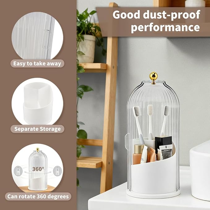 Toothbrush Holders with Sliding Lid, 360° Dustproof Rotating 3 Slots Bathroom Organizer Countertop, Spinning Cosmetic Tools Storage Cup for Desktop Office Bathroom