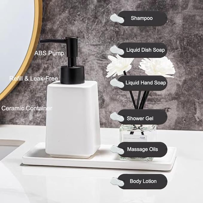 White Bathroom Accessories Set 2Pieces,Ceramic Soap Dispenser and Toothbrush Holder,Modern Decor Bath Set with Toothbrush Cup