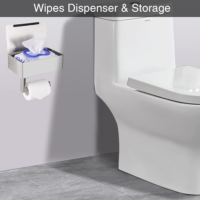 Adhesive Toilet Paper Holder with Shelf and Storage, Wall Mount Toilet Paper Roll Holder & Flushable Wipes Dispenser Set Fits Any Bathroom, Stainless Steel Tissue Holder-Round, Brushed Nickel
