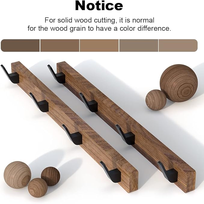 17 Inch Walnut Wood Wall Mounted Coat Rack with 4 Black Hooks, Adhesive Mounted Entryway Hooks, Modern Natural Wooden Pegs for Hanging Coat Clothes Hat Bag Purse Key and Towel
