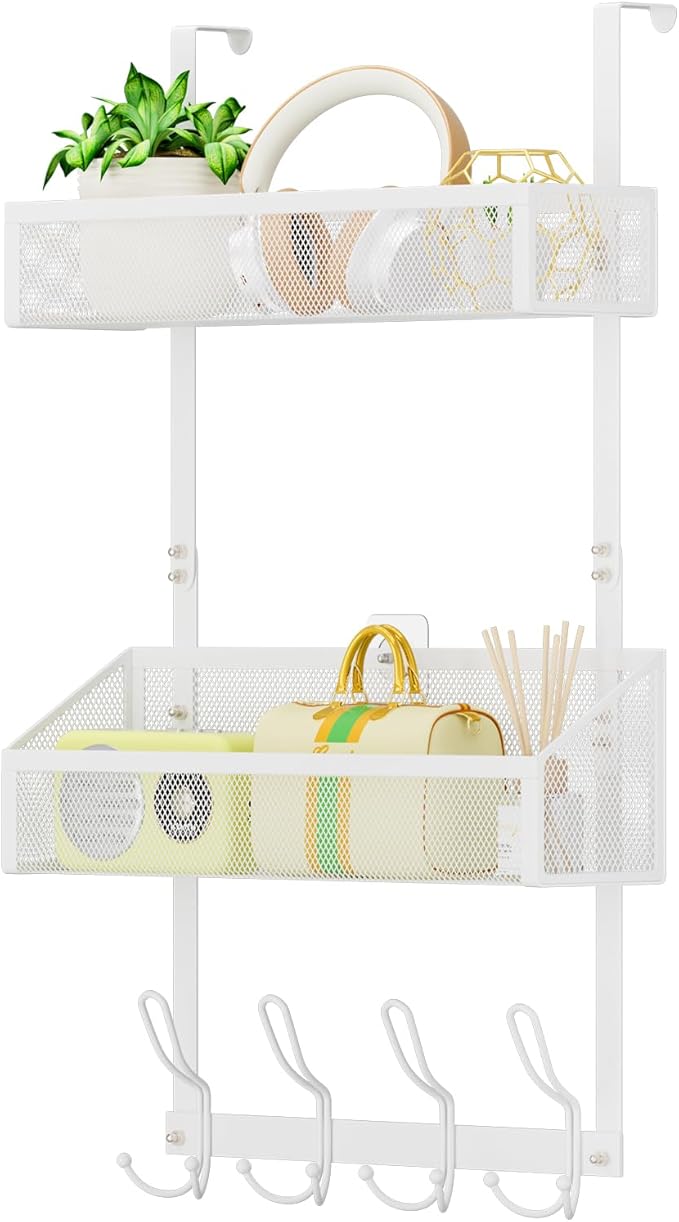 Hocookeeper Over the Door Organizer, Over The Door Hooks & Baskets - 12 Hooks & 2 Mesh Baskets Back of Door Storage Organizer for Bathroom, Kitchen, Bedroom (White)
