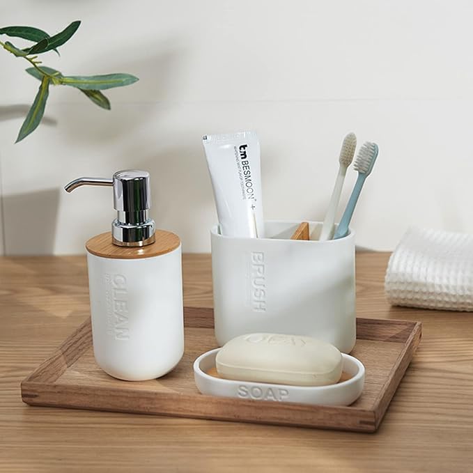 Toothbrush Holders Bamboo Electric Toothbrush Holder Bathroom Storage Organizer Countertop for Toothpaste, Floss, Razor, White