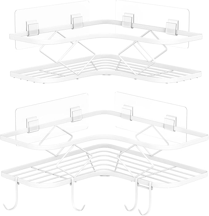 Large Corner Shower Caddy Shelf, 2 Pack Adhesive Bathroom Shower Organizer Shelves, No Drilling Rustproof Wall Mounted Shower Storage Basket Shampoo Holder Organizer (White)