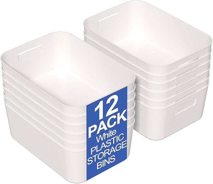 12 Pack Plastic Storage Bins, Multi-Use Organizer Bins, Perfect for Kitchen, Cabinet, Bathroom, Under Sink Storage, White