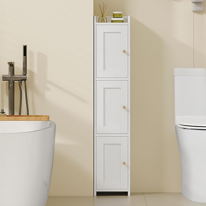 HEXCELEN Slim Bathroom Storage Cabinet, Narrow Cabinet with 3 Doors, Small Bathroom Organizers and Storage, Laundry Room Organization for Small Space, Kitchen, Living Room, White 022313X