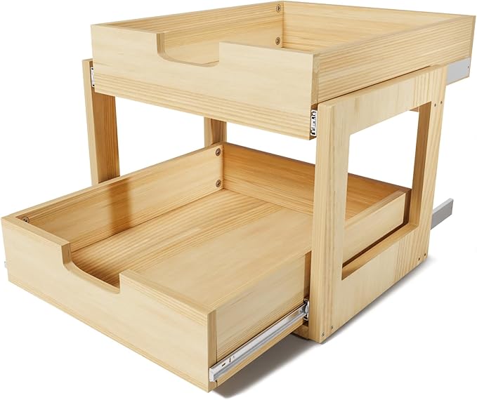 Pull Out Cabinet Organizer, 14''W×21''D Sliding Drawers for Cabinets, 2 Tier Soft Close Slide Out Wooden Pull out Drawers, Base Cabinet Organization for Kitchen, Pantry, Bathroom
