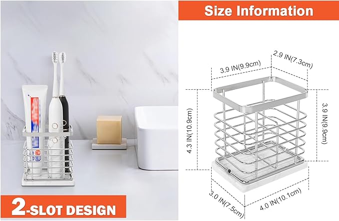 Toothbrush Holder, Luxurious Metal Toothbrush Toothpaste Holder with Marble Base for Bathroom, Multi-Slots Openwork Design, Bathroom Accessory for Storage and Organizer (Small, Chrome)