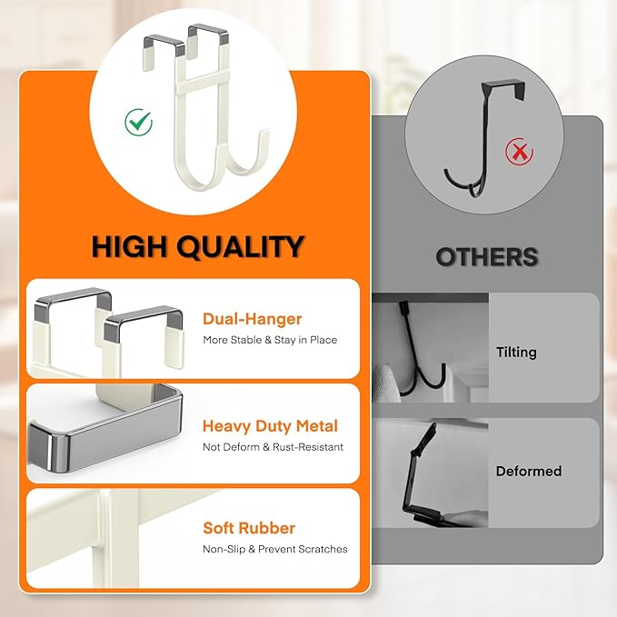 FYY Over The Door Hooks - 4 Pack Heavy Duty Double-Hanger Organizer for Bathroom Bedroom Dorm, Hanging Clothes Towels Hats Bags Ironing Board Wreath Robe - Fits Interior Doors Up to 1 3/8" Beige