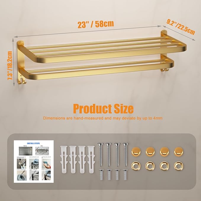 23 Inch Gold Bathroom Towel Rack Towel Shelf with Double Towel Bars Lavatory Wall Mount Holder with Hooks Golden Stainless Steel Hotel Bath Rack