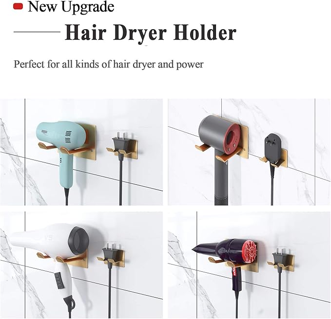XIGOO Adhesive Hair Dryer Holder - Stick on Wall or Wall Mount Bathroom Hair Blow Dryer Rack Organizer Compatible with Supersonic Hair Dryers (Gold)