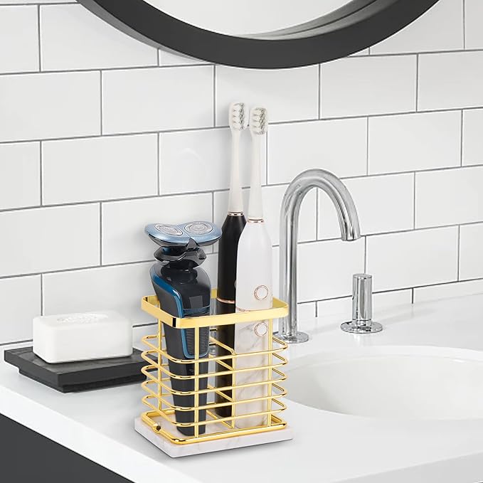 Toothbrush Holder, Luxurious Metal Toothbrush Toothpaste Holder with Marble Base for Bathroom, Multi-Slots Openwork Design, Bathroom Accessory for Storage and Organizer (Small, Gold)