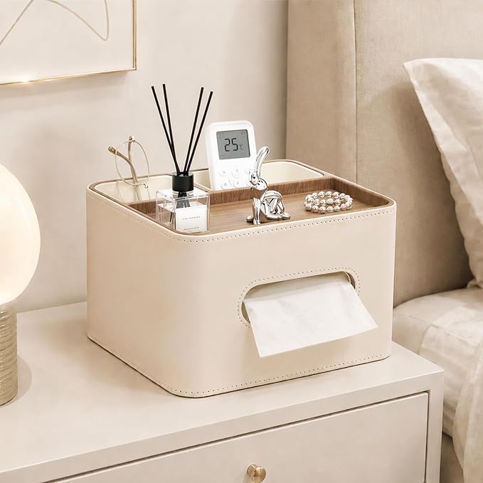 Tissue Box Cover Rectangle with Storage Organizer,PU Leather White Tissue Box Cover for Bathroom, Night Stands,Office Desk,Living Room, Decorative Tissue Holder,Compact Size for car Tissue Refills