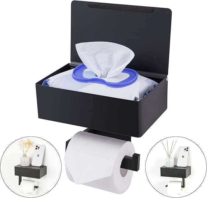 Adhesive Toilet Paper Holder with Shelf and Storage, Wall Mount Toilet Paper Roll Holder & Flushable Wipes Dispenser Set Fits Any Bathroom, Stainless Steel Tissue Holder-Square, Matte Black