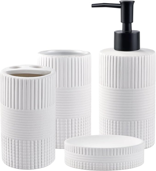 Bathroom Accessories Set of 4, Ceramic Bathroom Sets Complete-Toothbrush Holders, Soap Dispenser, Soap Dish, Toothbrush Cup, Modern Farmhouse Bathroom Decor, Bathroom Organizer for Countertop