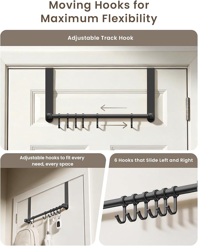 BOF Heavy Duty Over The Door Hooks, Moving 6 Door Hooks for Hanging, Over The Door Hanger Organizer for Bathroom,Black