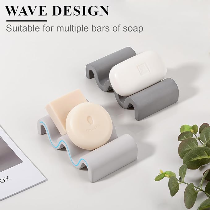 Diatomite Soap Dish Quick Drying Bar Soap Holder Draining Soap Saver Rack Wave Pattern Sponge Tray for Bathroom Sink, Shower, Kitchen, Dark Grey