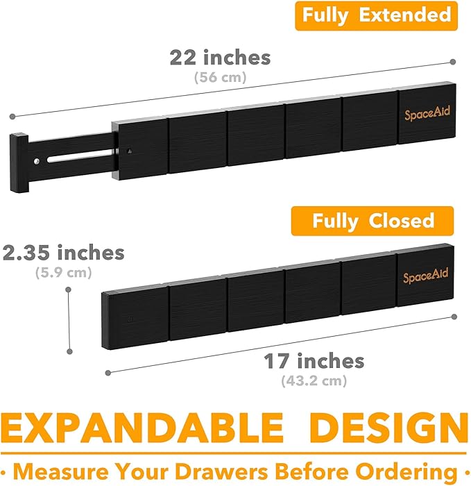 SpaceAid Bamboo Drawer Dividers with Inserts and Labels, Kitchen Adjustable Drawer Organizers, Expandable Organization for Home, Office, Dressers, 7 Dividers with 15 Inserts (17"-22" Black)