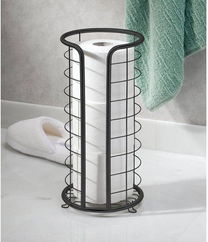 mDesign Metal Toilet Paper Holder Stand - Storage Reserve for 3 Rolls of Toilet Tissue - Freestanding Toilet Paper Holder - Stylish Bathroom Floor Toilet Paper Stand - Omni Collection - Matte Black