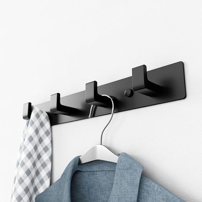 GWAAZXGZ Black Coat Rack Wall Mount - 12.5 inch Modern Metal Hook Rail with 4 Right-Angle Hooks, Drill-Mounted Organizer for Coats, Hats, Bags in Entryway, Bathroom, Bedroom (1 Pack)