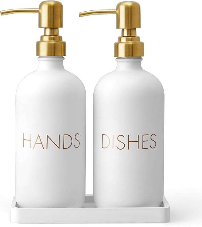 Glass Dish and Hand Soap Dispenser Set - Kitchen Soap Dispenser with Tray and Stainless Steel Pump - for Modern Gold Kitchen Decor and Accessories