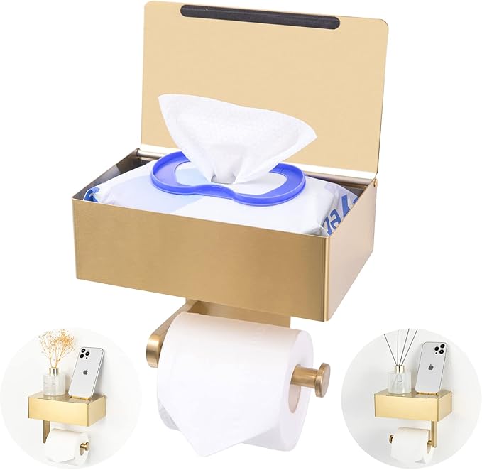 Adhesive Toilet Paper Holder with Shelf and Storage, Wall Mount Toilet Paper Roll Holder & Flushable Wipes Dispenser Set Fits Any Bathroom, Stainless Steel Tissue Holder-Round, Gold