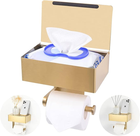 Adhesive Toilet Paper Holder with Shelf and Storage, Wall Mount Toilet Paper Roll Holder & Flushable Wipes Dispenser Set Fits Any Bathroom, Stainless Steel Tissue Holder-Round, Gold