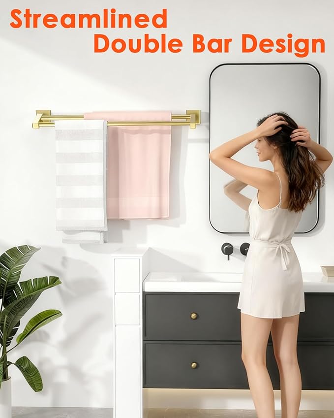 Alise Bath Double Towel Bars Towel Racks for Bathroom,Wall Mount Towel Holder Heavy Duty SUS304 Stainless Steel Towel Hanger Towel Rail,Gold,28 Inch