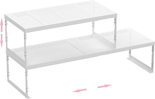 Stackable Expandable Metal Shelf Organizer - Adjustable Wire Storage Rack with Holes for Kitchen, Bathroom, Cabinet, Office - Space Saving, Durable & Sturdy Design（2PACKS/Large/White