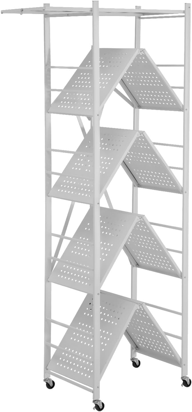 VEVOR 5-Tier Foldable Storage Shelf, 32W x 14D x 72H Inch Folding Metal Rack Shelving Unit, Heavy Duty No Assembly Organizer Shelf with 5 Wheels & 4 Hooks for Pantry, Kitchen, Garage, Basement, White