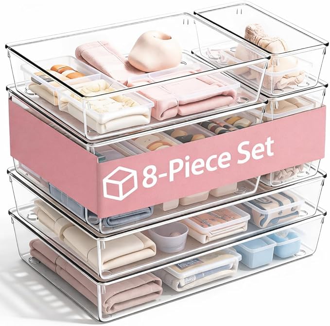 8 Pack Clear Drawer Organizer Bins, Plastic Storage Trays for Makeup, Kitchen, Bathroom, Desk, Stackable Drawer Dividers for Cosmetics, Office Supplies, Vanity Organizer
