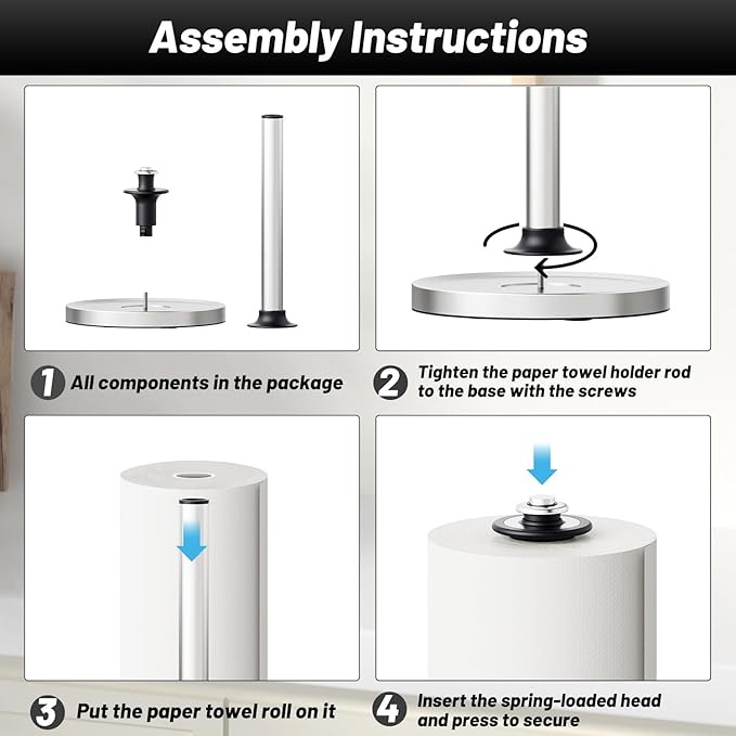 VEHHE Paper Towel Holder Countertop with Unique Damping Spring Structure for One-Handed Tearing, Stainless Steel Paper Towel Holder with Weighted Base and Suction Cups for Kitchen Bathroom, Silver