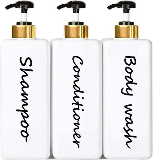 21oz Shampoo and Conditioner Dispenser (Set of 3) Modern Refillable Shampoo Pump Bottles for Shower Soap - Empty Shampoo Conditioner Body Wash Dispenser Set - Stylish Permanent Labels - for Bathroom