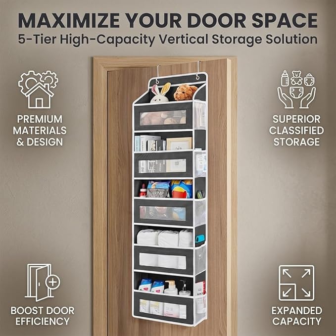 SakerPlus Over The Door Organizer, 5-Tier Hanging Storage with 5 Front Pockets & 5 Side Mesh Pockets, Holds Up to 44 lb, No-Drill Door Shelf for Bathroom, Closet, Pantry, Bedroom (Grey)