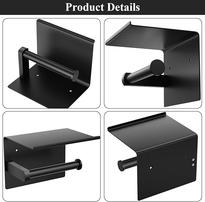 Tindbea Mega Size Toilet Paper Holder with Shelf + Towel Robe Hooks, Adhesive or Screw Wall Mounted Toilet Paper Roll Holder, Stainless Steel Bathroom Hardware Set (Matte Black)…