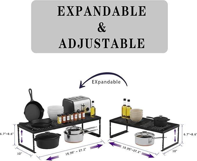 Stackable Expandable Metal Shelf Organizer, Adjustable Storage Rack, Heavy Duty Space Saver for Kitchen, Pantry, Bathroom, Countertop & Office(1Pack/Large/Black)