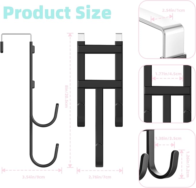 Over The Door Hooks - 2 Pack Heavy Duty Triple-Hook Organizer Hanger with Rubber for Towels, Clothes, Hats & Bags Use in Bathroom, Bedroom, Kitchen - Fits Interior Doors (Black, Shape A)