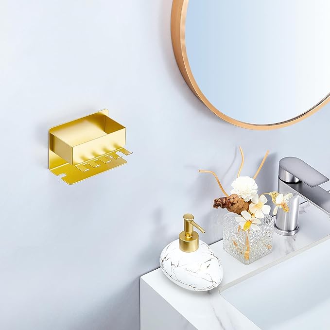 Toothbrush Head Holders, Electric Tooth Brush Head Holder, Adhesive Toothpaste Holder for Shower Bathrooms, Wall Mounted Tooth Brushing Holder Organizer Storage (Gold, Small)