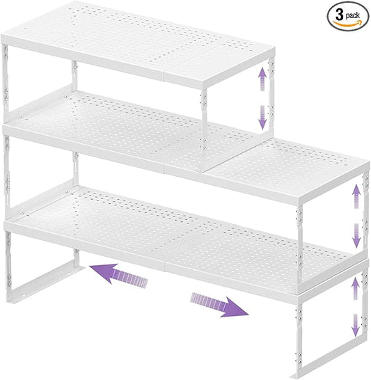 Stackable Expandable Metal Shelf Organizer, Adjustable Storage Rack, Heavy Duty Space Saver for Kitchen, Pantry, Bathroom, Countertop & Office(3Pack/Large/White)