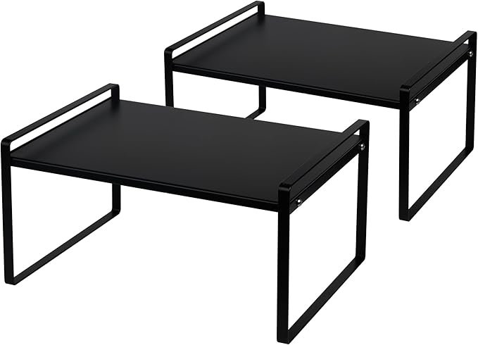 Nxconsu 2 Pack Cabinet Shelf Organizer 16.1"x12"x9.5" Black, Stackable Kitchen Counter Shelf Riser, Heavy Duty 3mm Steel Storage Rack for Pantry Cupboard Bathroom Under Sink, 50lbs Capacity, Non-Slip