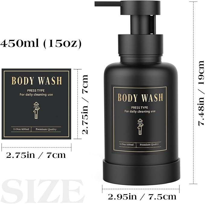 Luxspire Foaming Soap Dispenser, Glass Foam Pump Soap Dispenser, Non-Slip Hand Soap Bottle with 5 Waterproof Labels, 15 Oz Refillable Liquid Soap Bottle for Bathroom & Kitchen, Black, 1 Pack