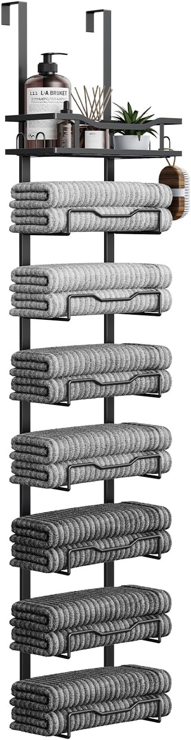 Aetyord Hanging Towel Racks for Bathroom No Drill - Over The Door 8-Tier Bath Towel Storage Organizer for Small Bathrooms - Back Door Large Tiered Towel Holder Hanger for Rolled Towels RV Camper BLACK