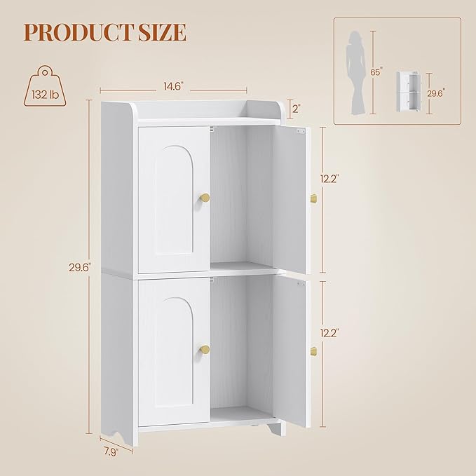 HEXCELEN Small Storage Cabinet, Bathroom Storage Cabinet with 4 Doors, Floor Bathroom Organizer Freestanding for Small Spaces, Living Room, Kitchen, Entryway (Mediterranean, White)